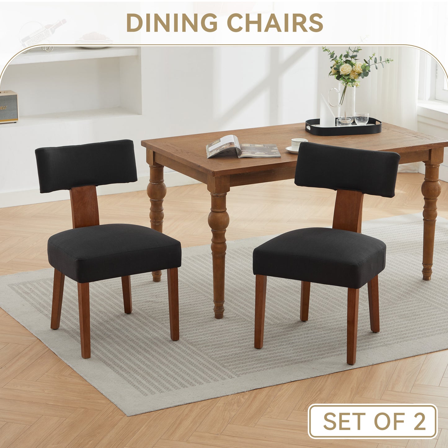 Modern Linen Fabric Dining Chairs - Set of 2, Black