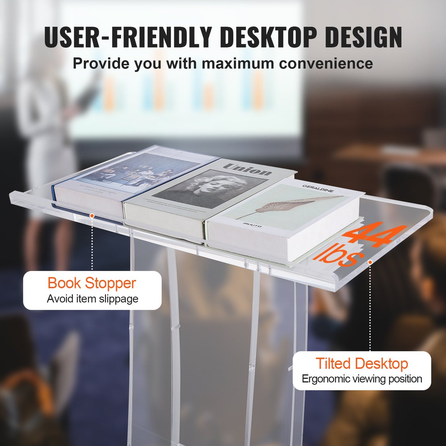 47-Inch Clear Acrylic Podium Stand with Storage Shelf