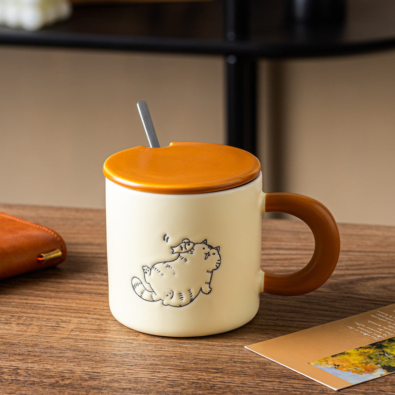 Cute Hand Painted Ceramic Cat Mug with Lid and Spoon - 380ml