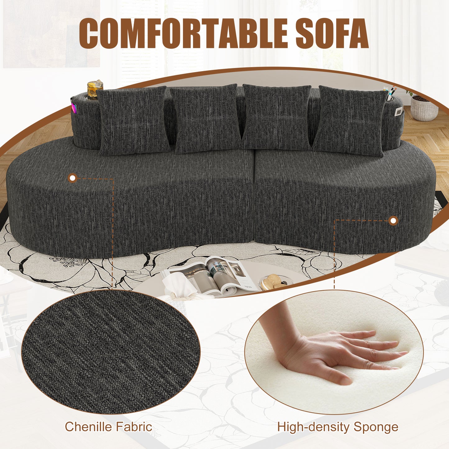 Modern Curved Sectional Sofa - 3 Seat Dark Gray Minimalist Design