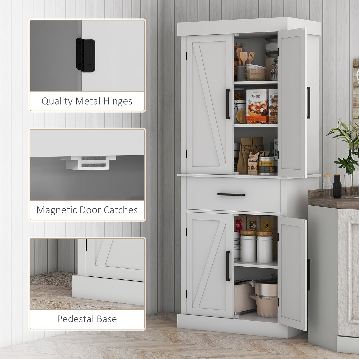 72" Tall Kitchen Pantry Cabinet with Barn Doors & Adjustable Shelves - White