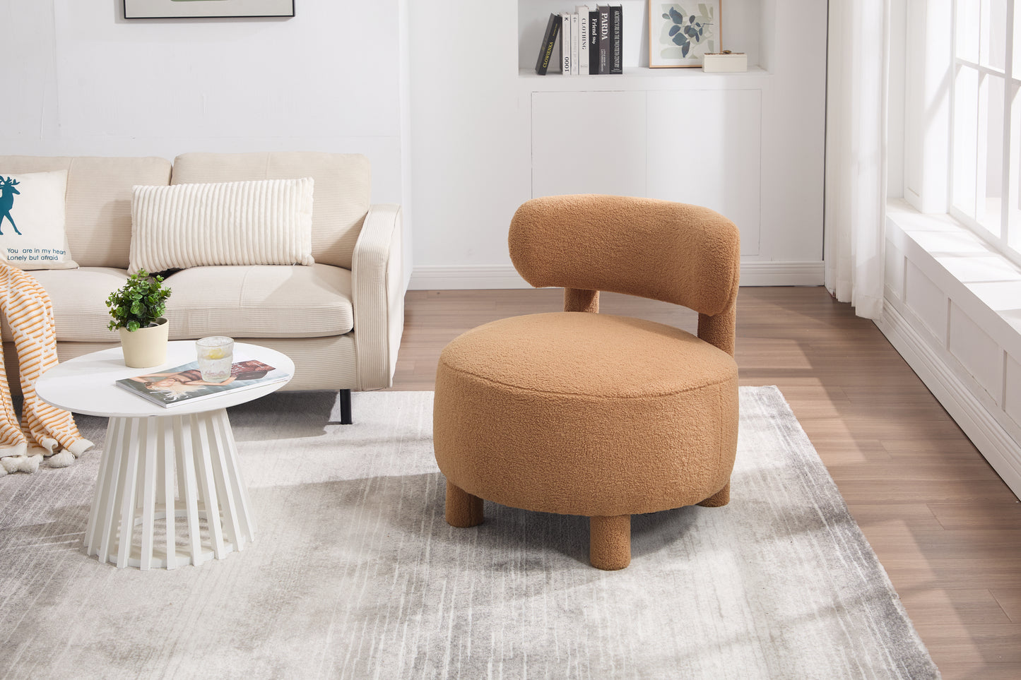 Teddy Fabric Armless Accent Chair with Curved Backrest - Khaki