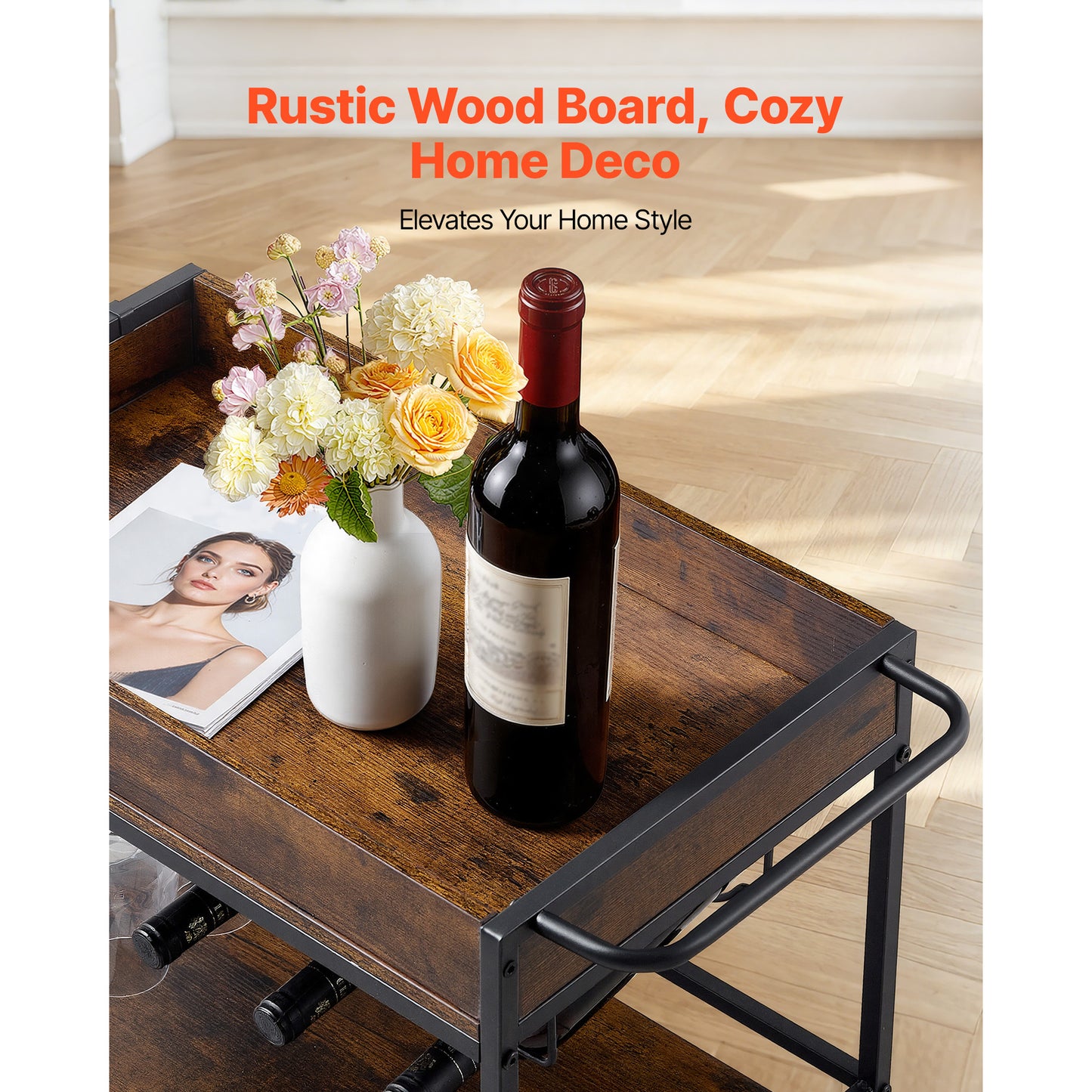Bar Cart with 3 Tiers - Rustic Industrial Rolling Serving Cart with Wine Rack & Glass Holder