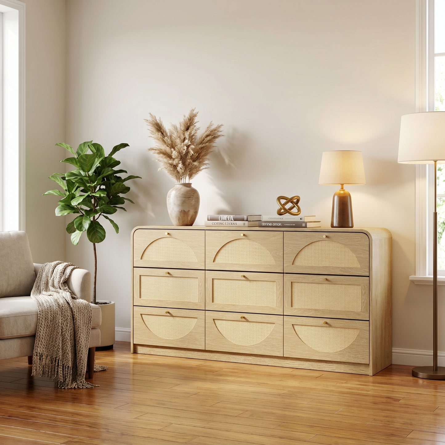 9-Drawer Rattan Dresser - Modern Walnut Storage Cabinet