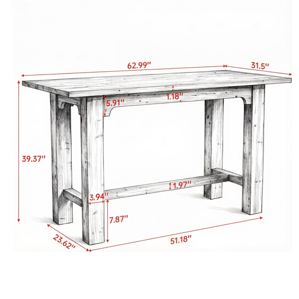 Vintage-Modern Bar Table - Rustic Brown Finish, Spacious Design