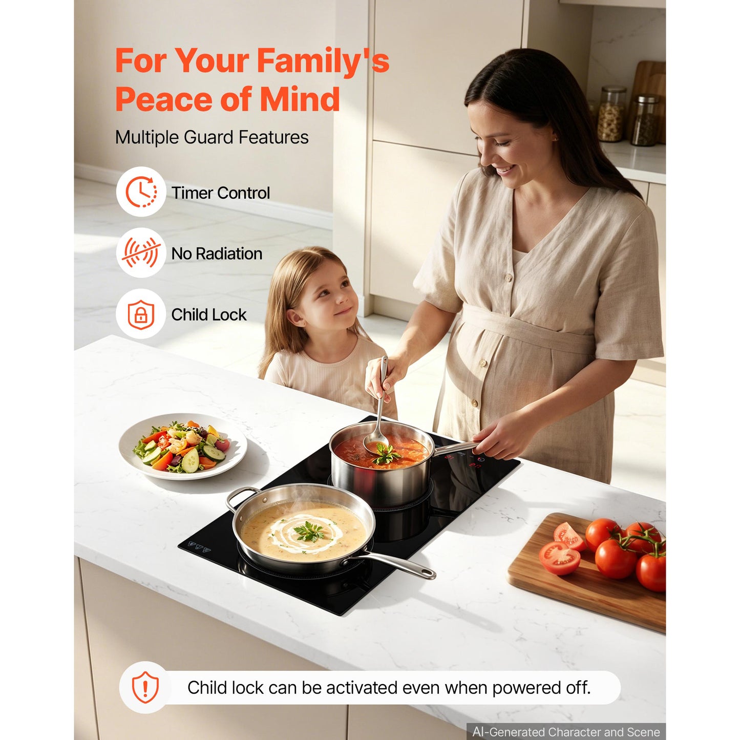 12-Inch Electric Cooktop with 2 Burners, 1800W Portable Stove, Touch Control, Timer & Child Lock