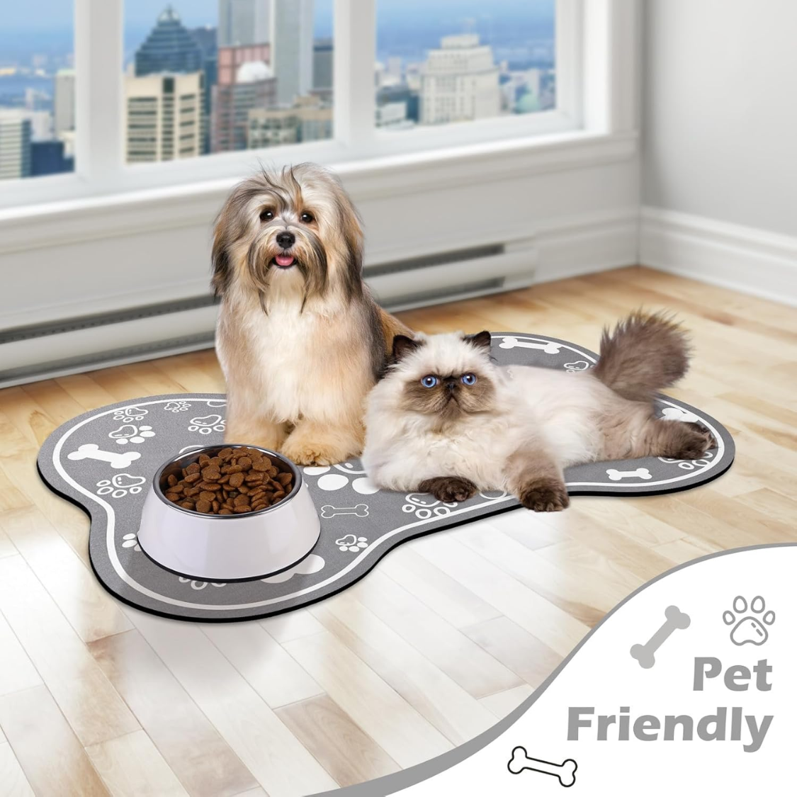 Pet Feeding Mat with Non-Slip Rubber Backing, Super Absorbent Dog & Cat Water Bowl Pad - Grey