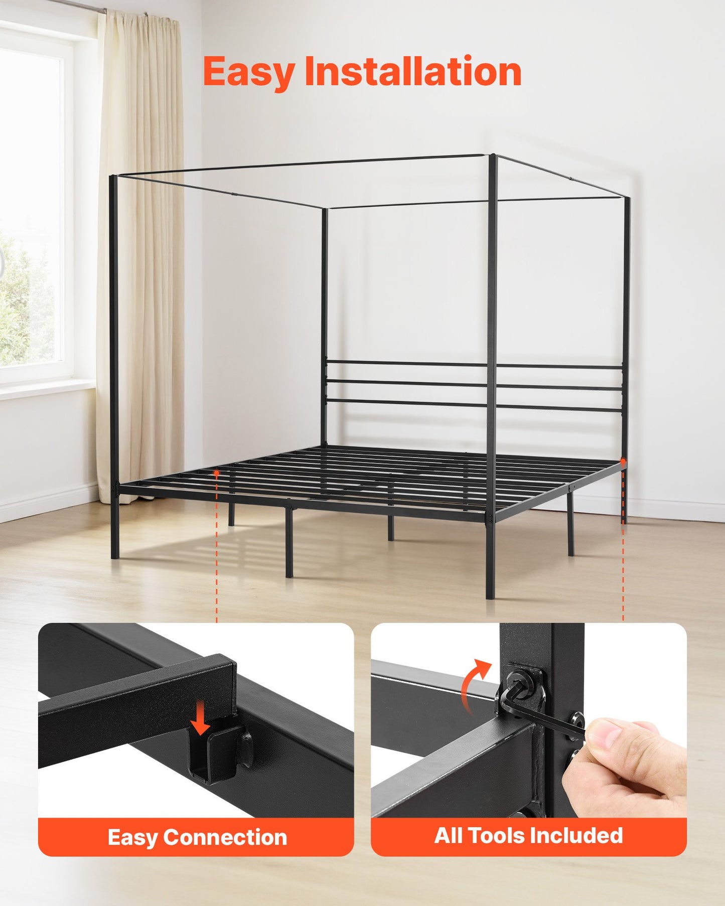 Heavy Duty Metal Canopy Bed Frame with Four Posters, Underbed Storage, Easy Assembly - Black