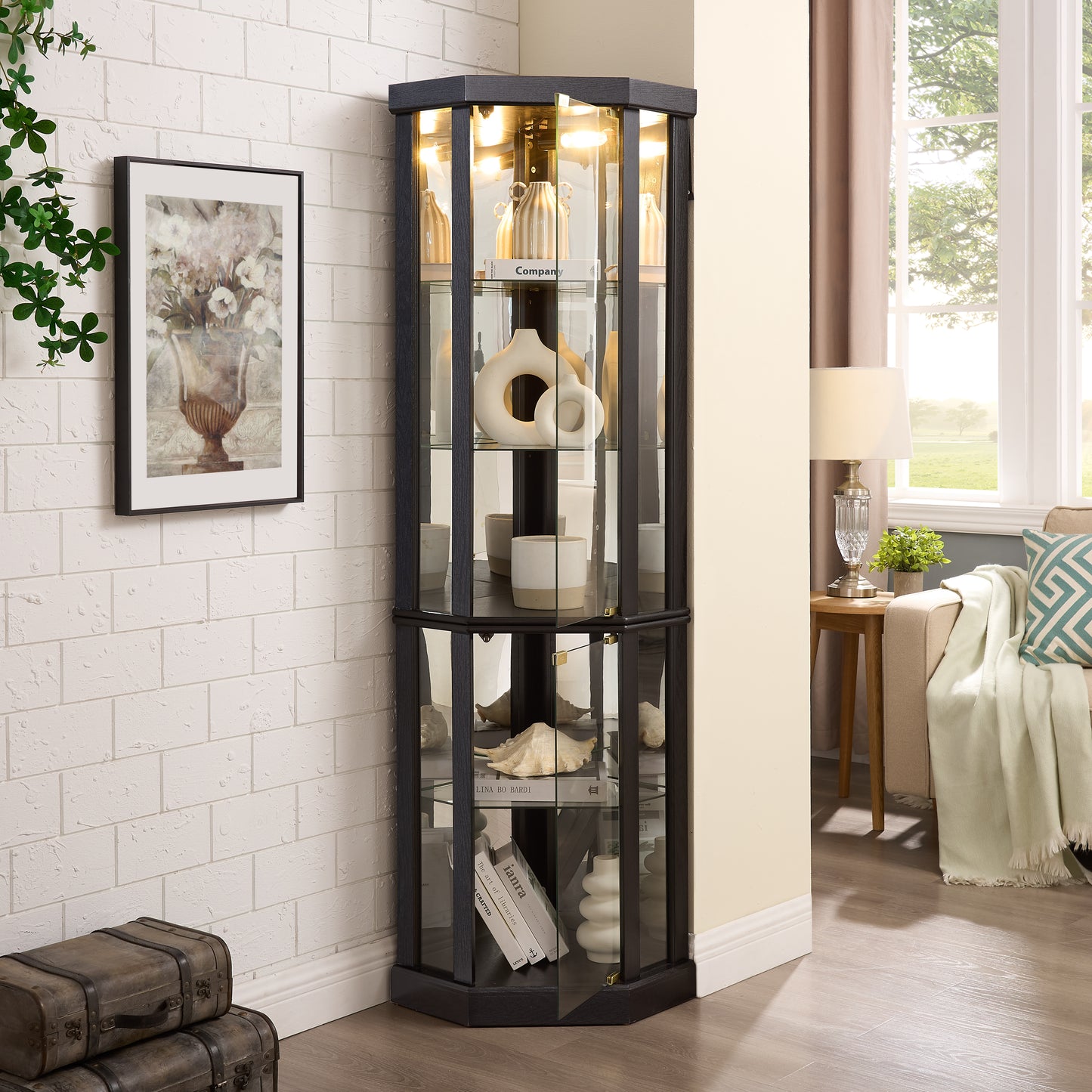 Lighted Corner Curio Cabinet - Elegant Glass Display Case For Living
