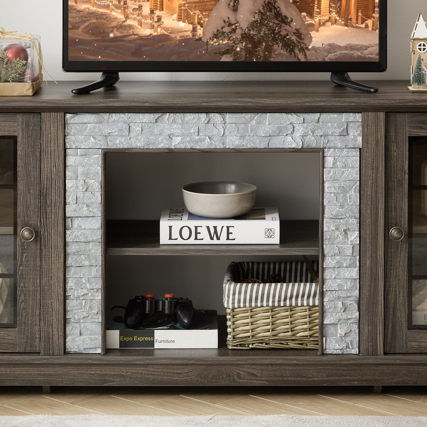 58 Modern TV Stand With 2-Door Storage, Faux Stone Media Console