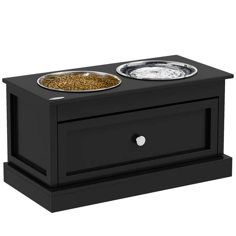 Raised Dog Feeder Stand with Storage Drawer - Black, Large Stainless Steel Bowls