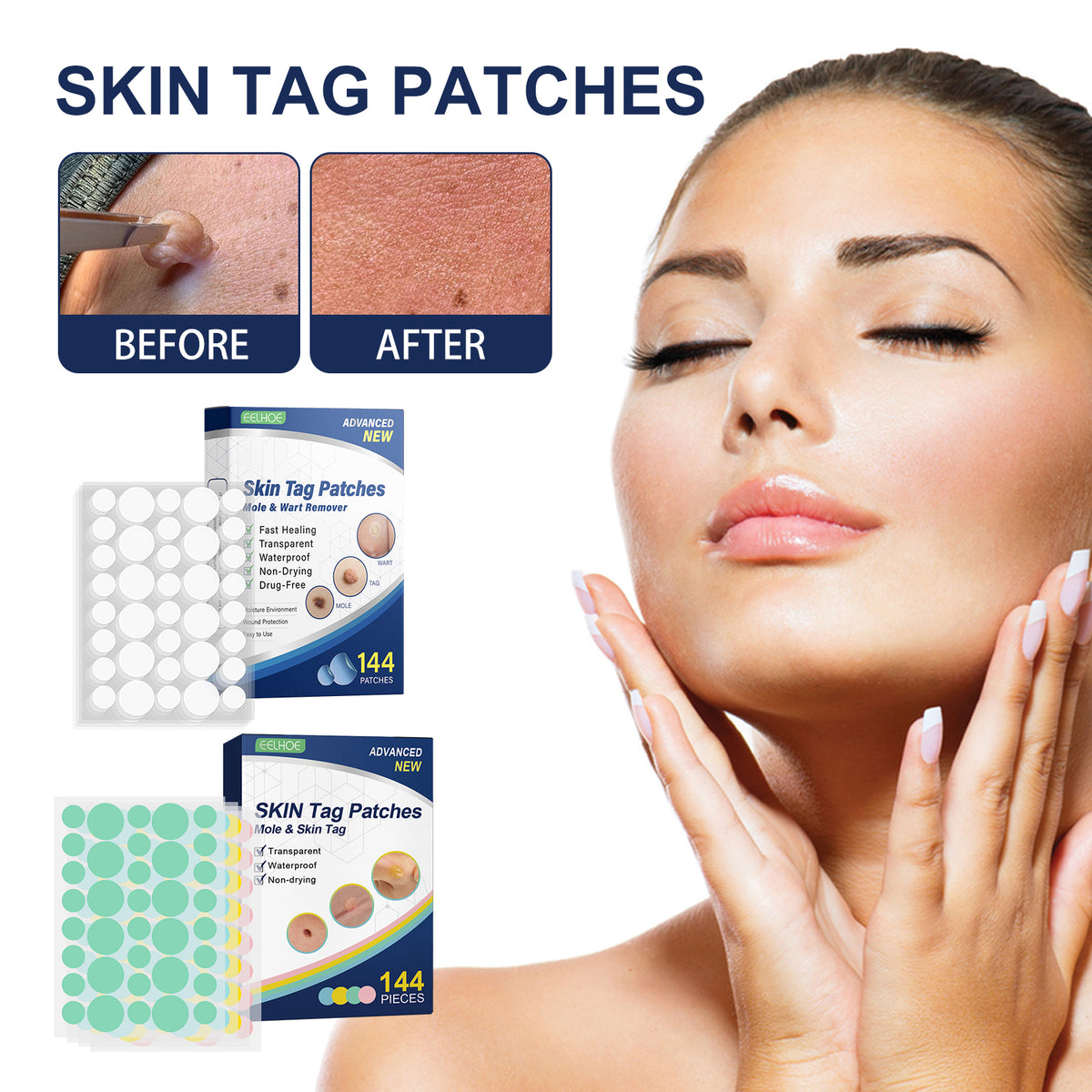 Skin Smoothing Patches 144PCS for Skin Tag & Mole Removal - 36PCS x 4 Sheets