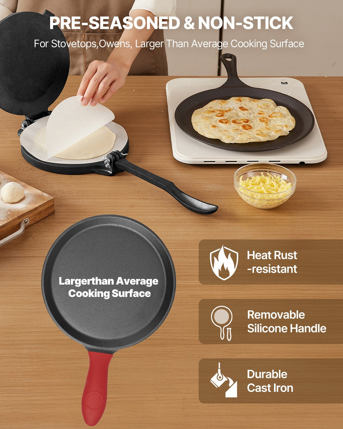 8 Inch Cast Iron Tortilla Press for Roti, Flatbreads & Dough Making - Heavy Duty Kitchen Tool