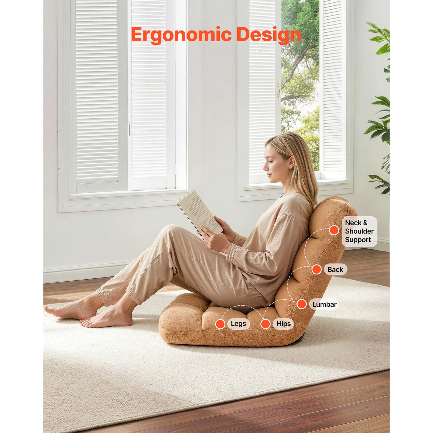 Adjustable Floor Gaming Chair with Back Support, Foldable, Sturdy Metal Frame, Recycled Foam & Coral Fleece, Brown