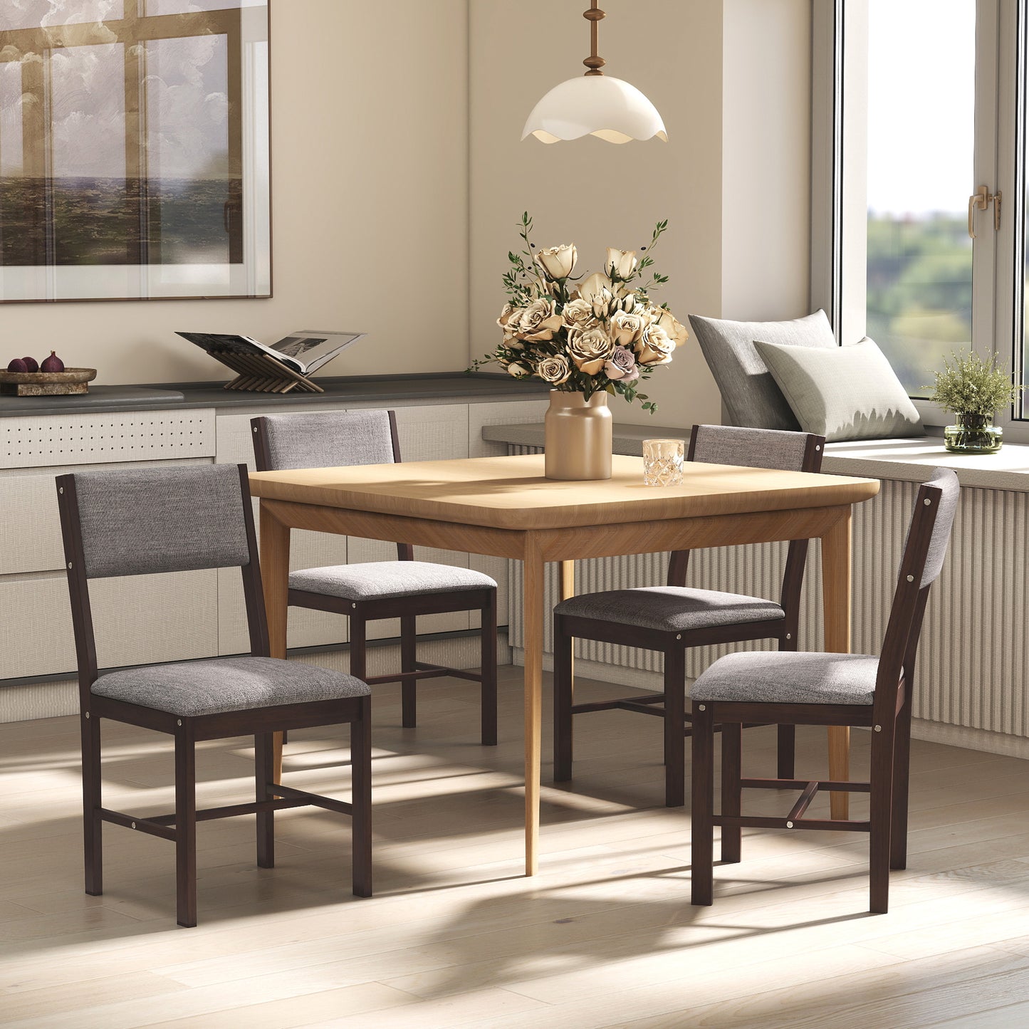 Modern Dining Chairs Set of 4, Linen Fabric Kitchen with Rubberwood