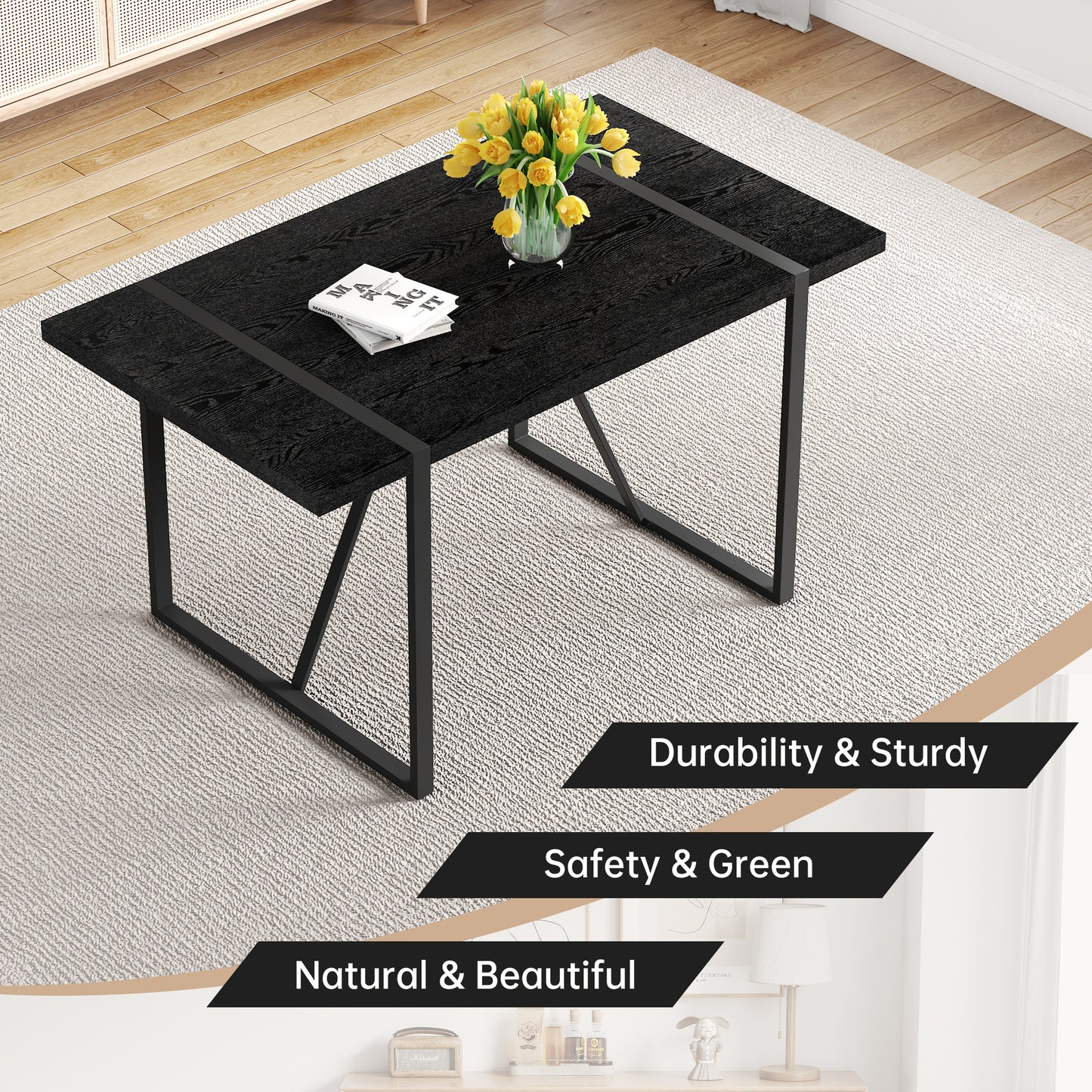 A 55-Inch Minimalist Retro Rectangular Dining Table With Black