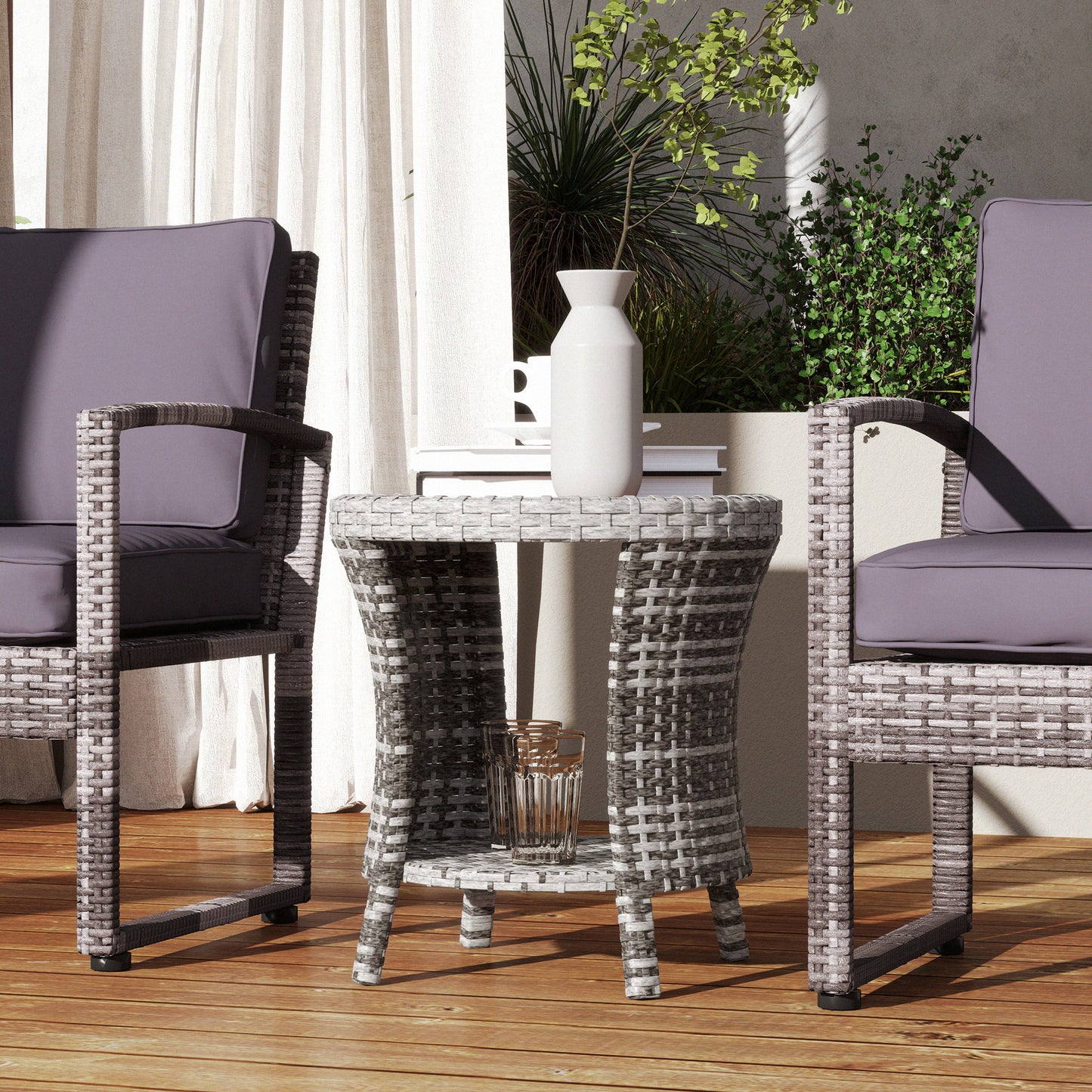 18" Outdoor Coffee Table - Wicker Patio Side Table with 2-Tier Storage, Mixed Gray