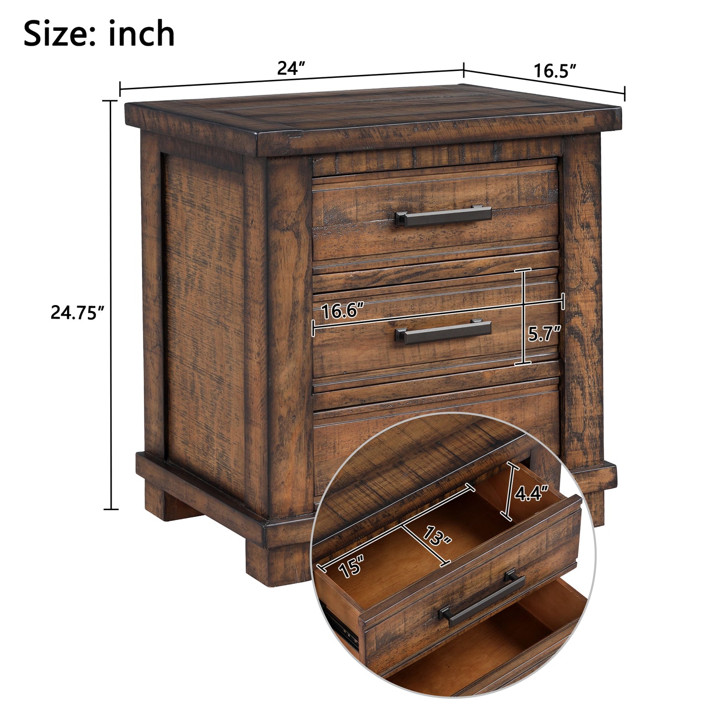 Rustic Three Drawer Reclaimed Solid Wood Farmhouse Nightstand