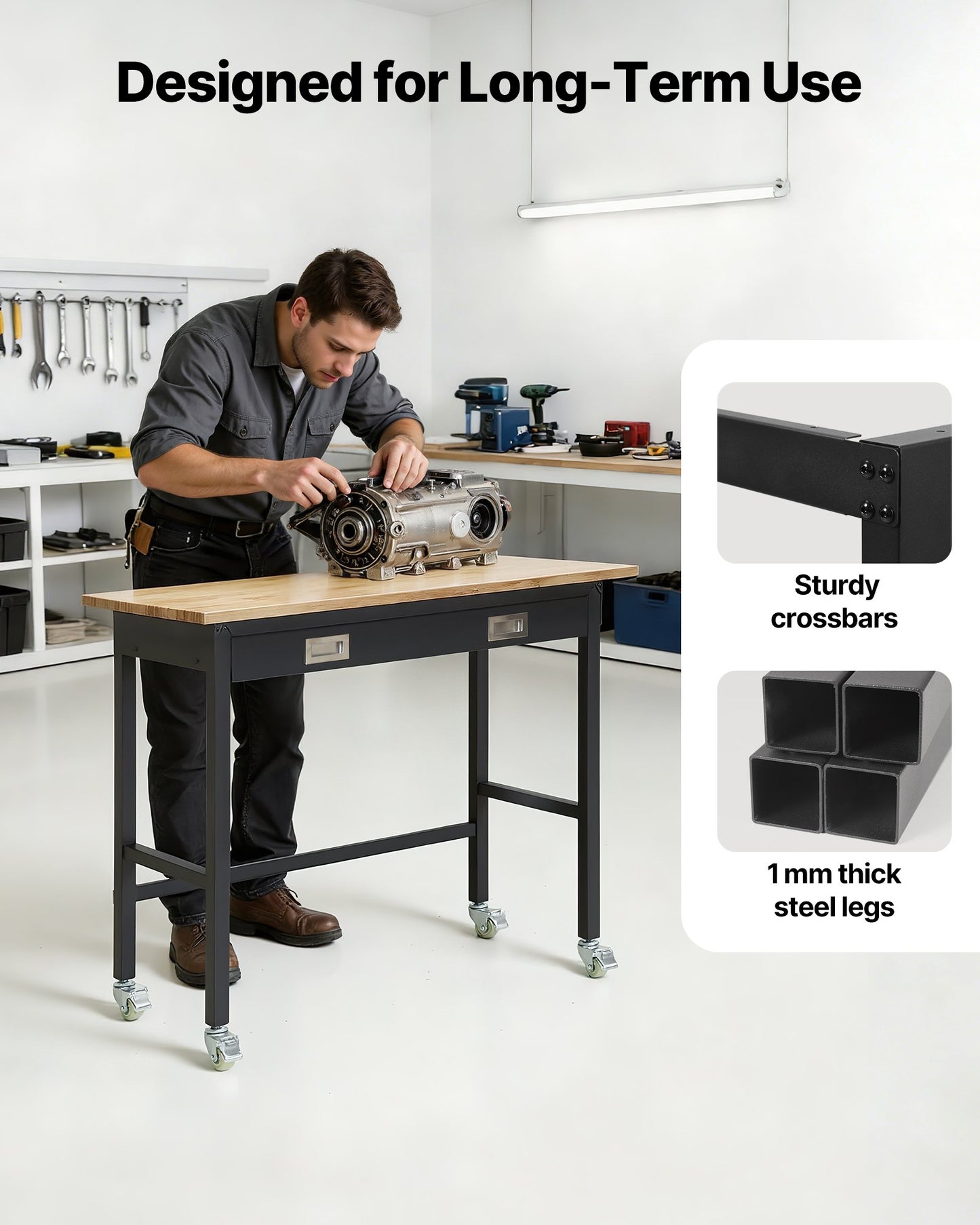Heavy Duty 48-inch Workbench with Drawer Storage and Wheels - Black