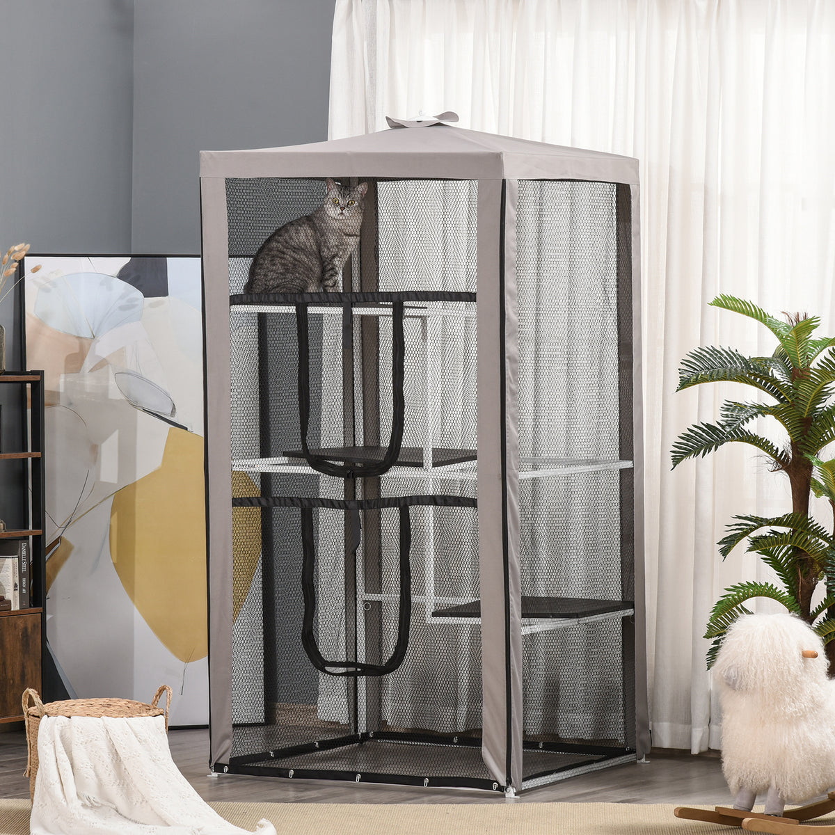 79-Inch Cat House Kit with Mesh Enclosure, Steel Frame, 3 Platforms & 2 Doors
