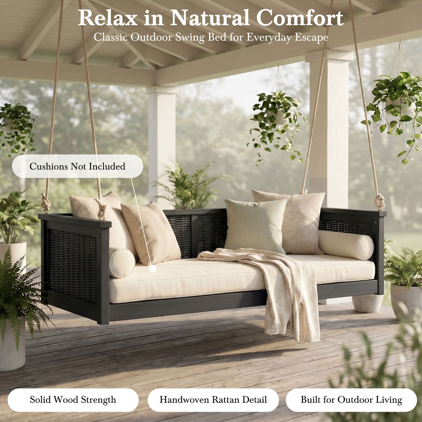 Outdoor Solid Wood Twin Size Swing Bed - Black Rattan Frame