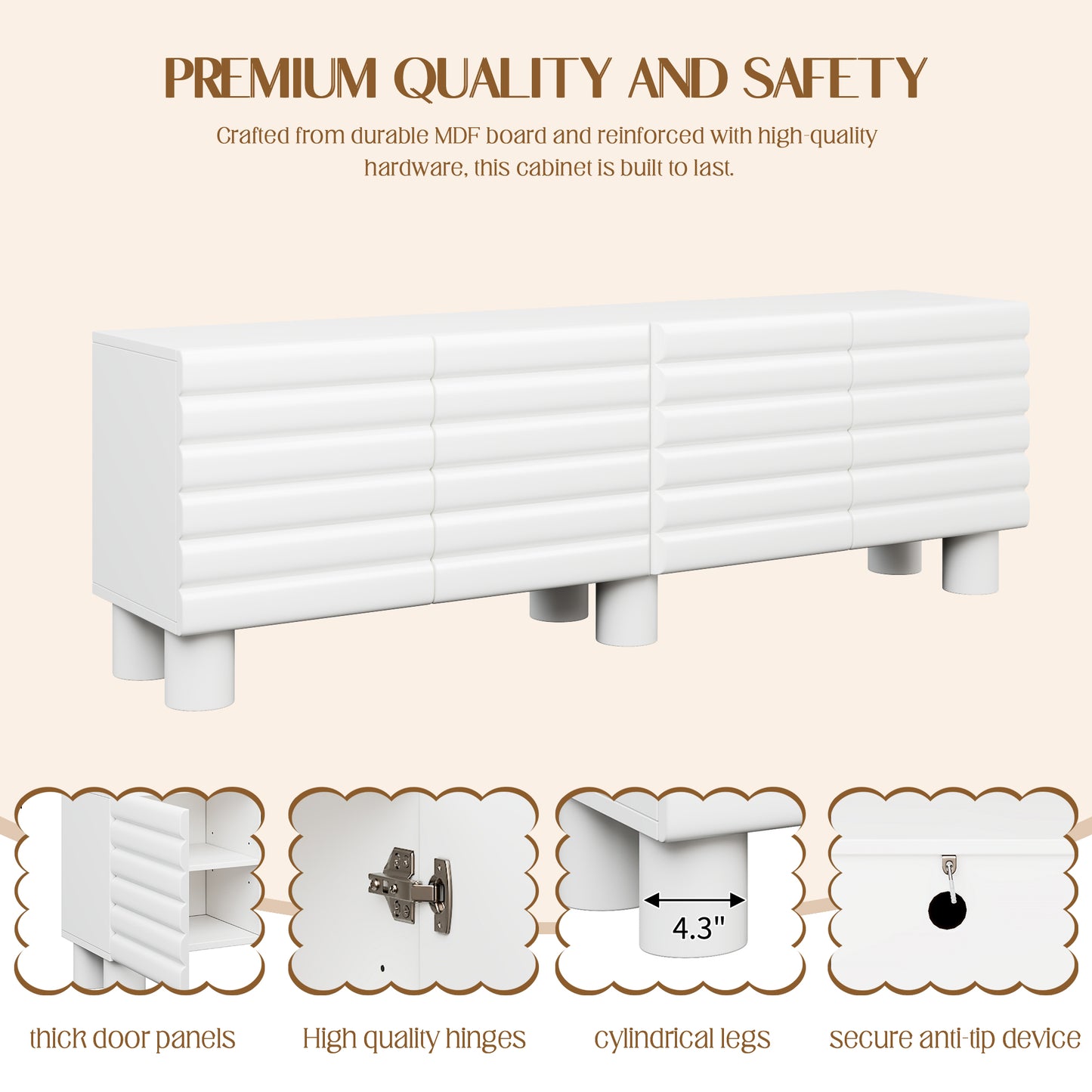 Stylish White Wavy Door TV Cabinet with Adjustable Shelves