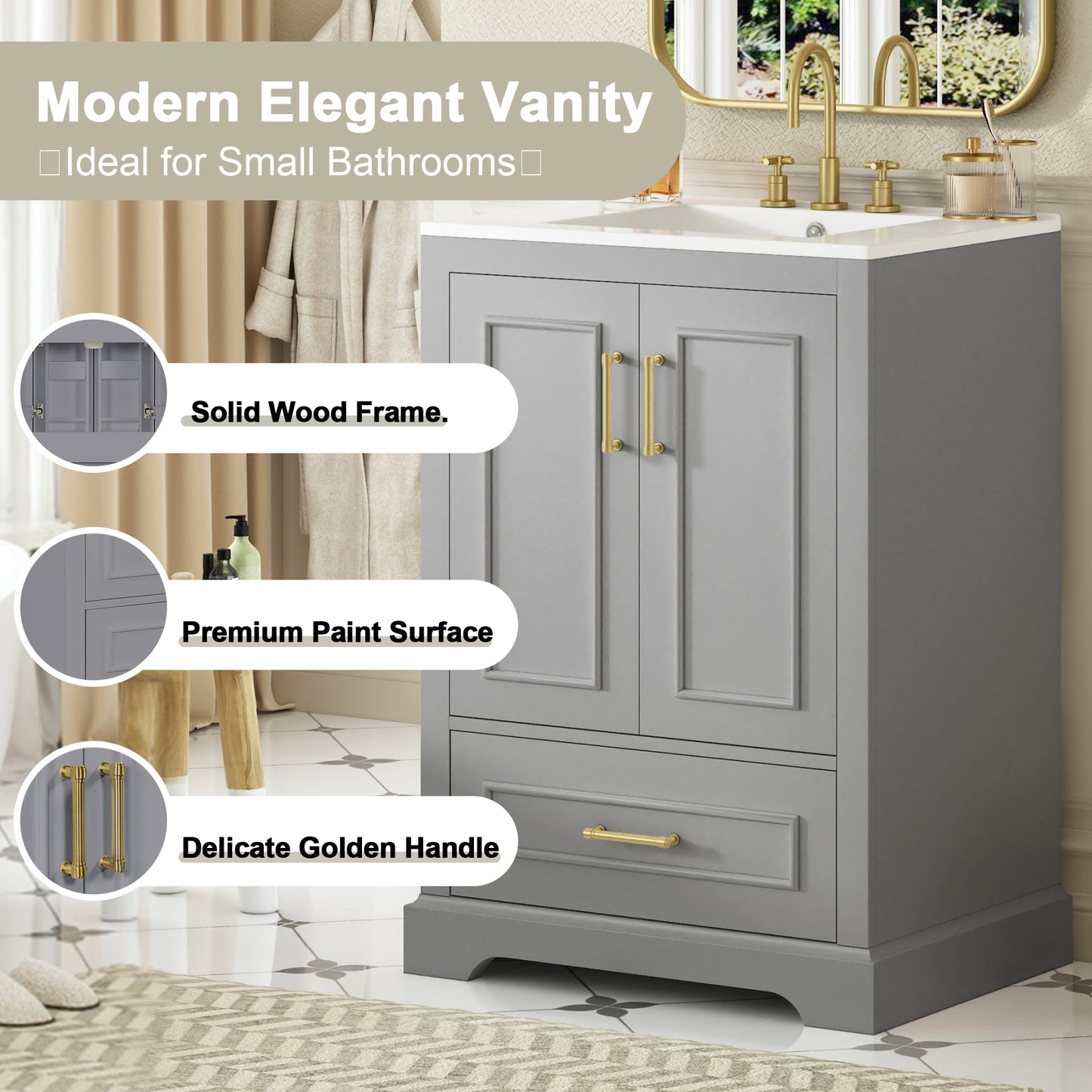24" Gray Bathroom Vanity with Sink, MDF Cabinet & Soft Close Doors