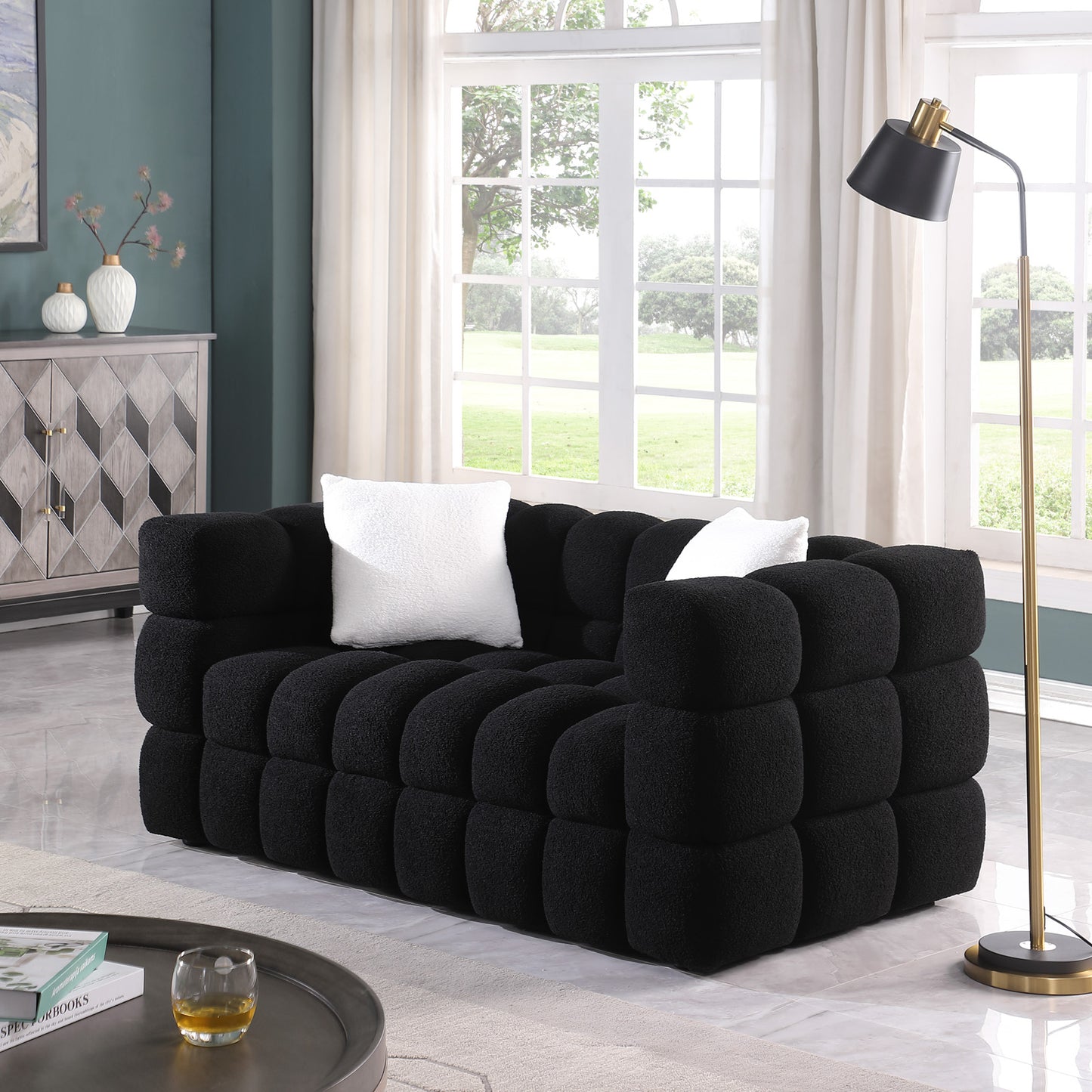 Boucle Sofa - 2 Seater, Black, Marshmallow Design, 62.2" Length