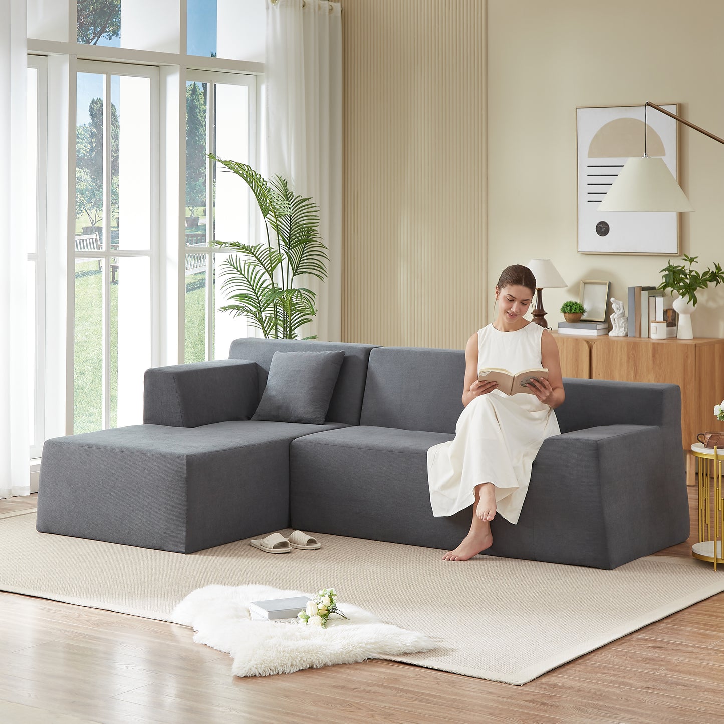 L-Shaped Corduroy High Back Sofa - Modern Minimalist Design