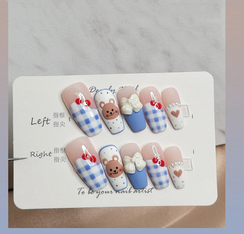 Hand-Painted Checkered Cherry Bear Nail Art Kit