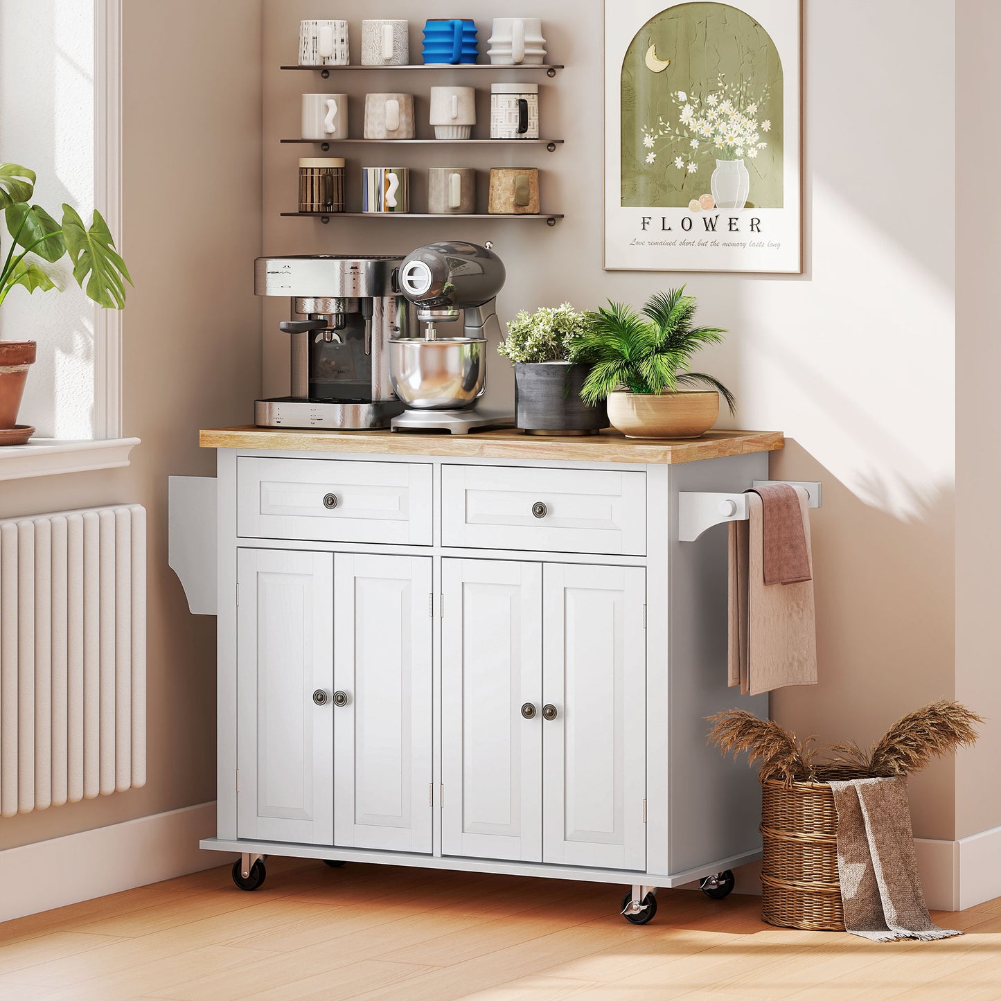 Mobile Kitchen Island Cart on Wheels with Storage - White