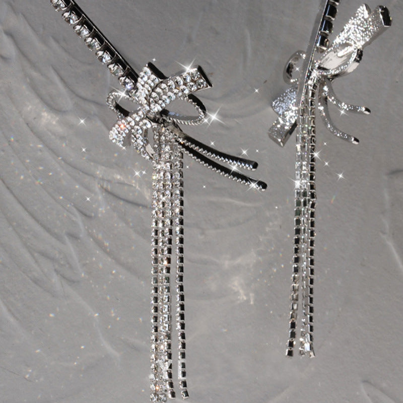 Diamond Bow Tassel Headband - Silver