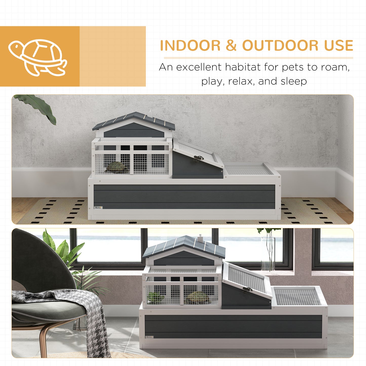 Large 3-Room Tortoise Habitat House with Balcony & Two Stories - Gray