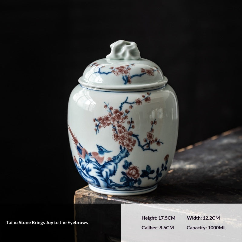 Ceramic Teapot with Blue and White Design & Storage Jar - Household Kitchen Decor