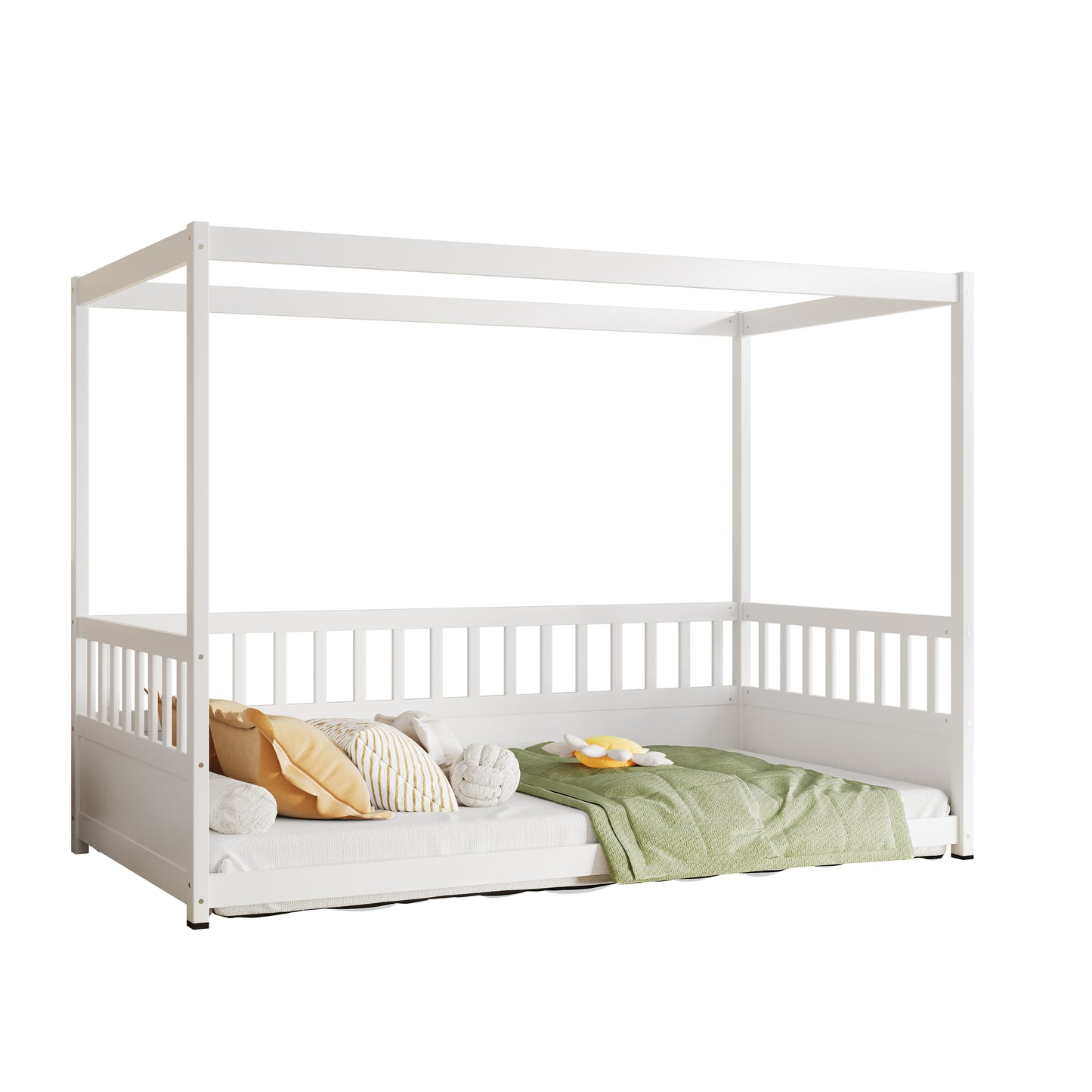 Twin Size Canopy Bed Frame with Guardrails - White
