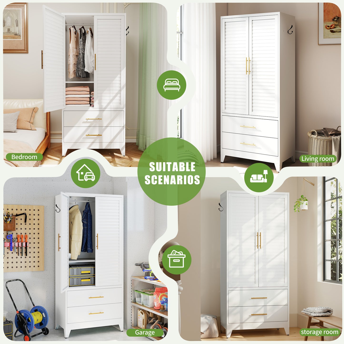 White Metal Wardrobe Closet With 2 Doors And Drawers, 71inTall
