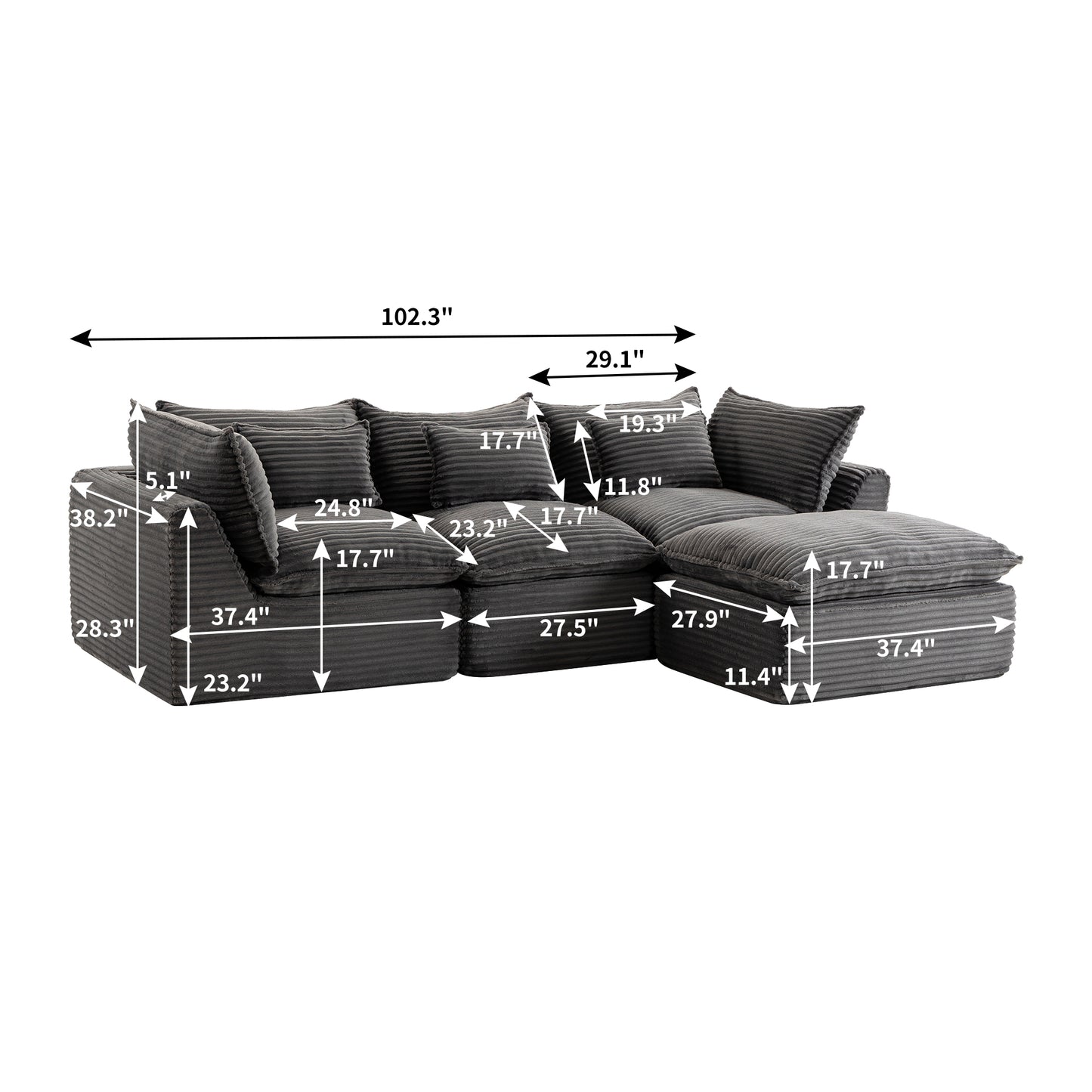 102.3" Modular Sectional Sofa - Comfy Corduroy in Antique Grey