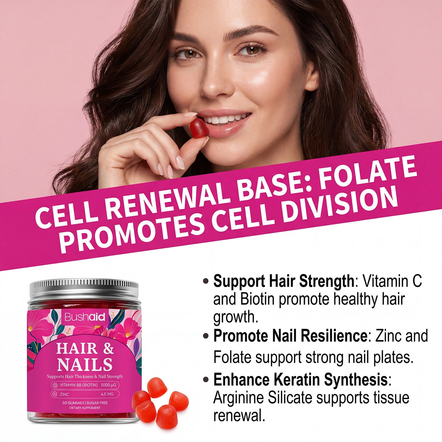 Hair and Nail Care Gummy Vitamins with Biotin and Zinc - 60 Gummies