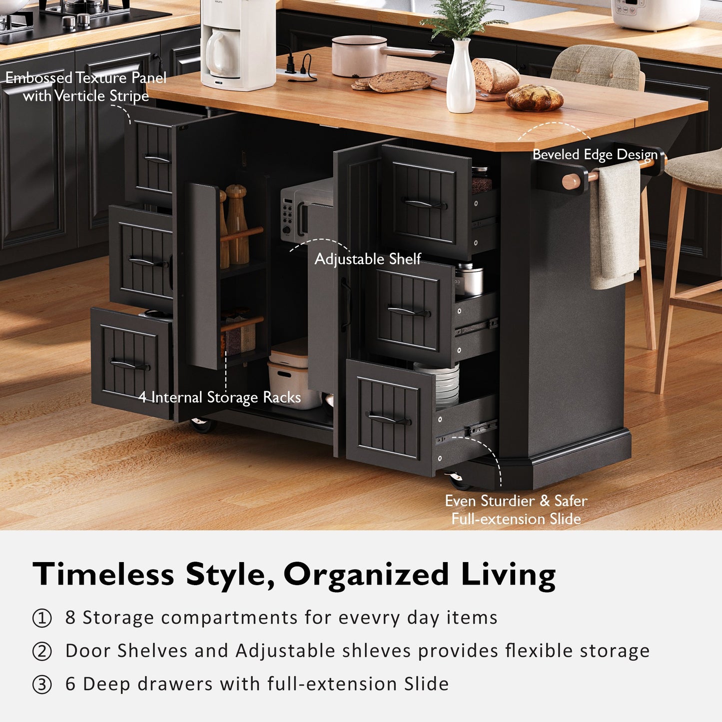K&K 56 Inch Kitchen Island With Rubber Wood Veneer Drop Leaf, Power