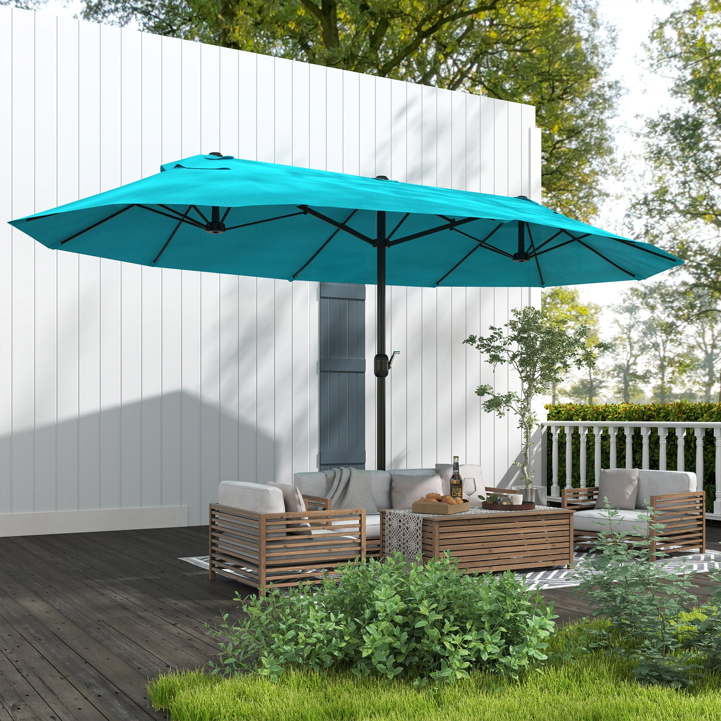 15' Double-Sided Patio Umbrella with Base - Blue