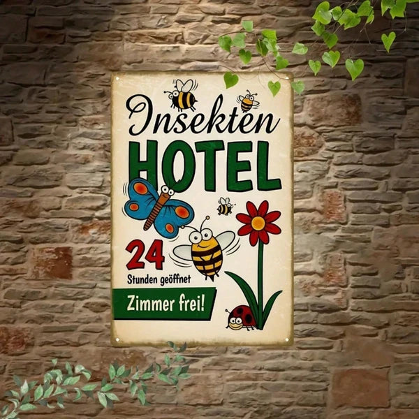 Retro Insect Hotel Metal Wall Art Sign - 20 cm