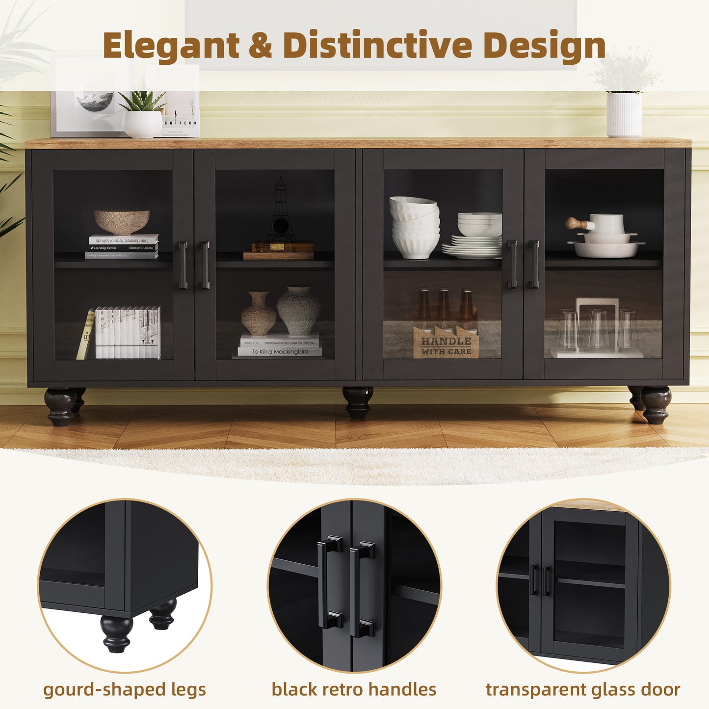 Farmhouse TV Stand with Glass Doors for TVs Up to 70" - Black