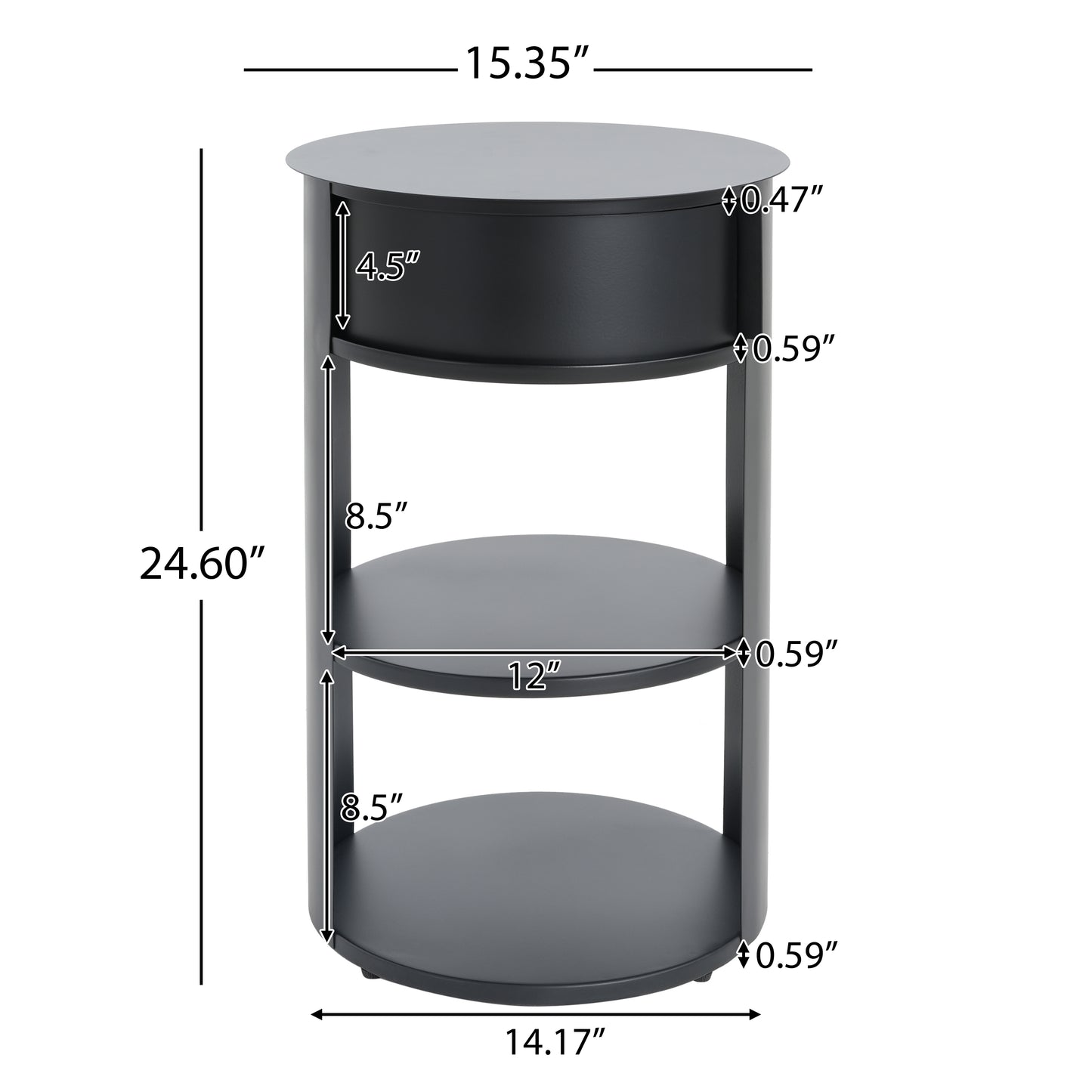 Indoor 3-Tier Metal Round Side Table With Sliding Door Cabinet, Matte