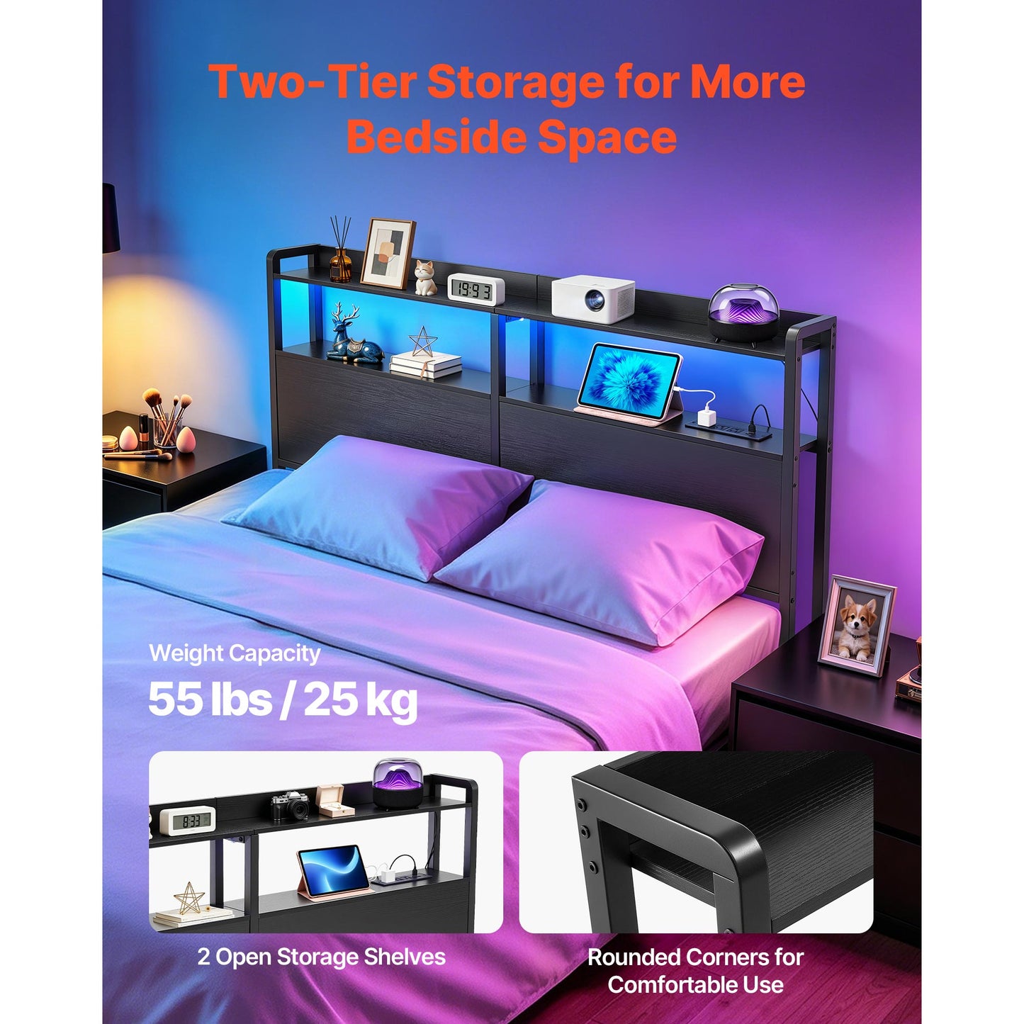 Queen Size Bed Headboard with LED Light & Charging Station, Storage Shelves, Adjustable Height, Black