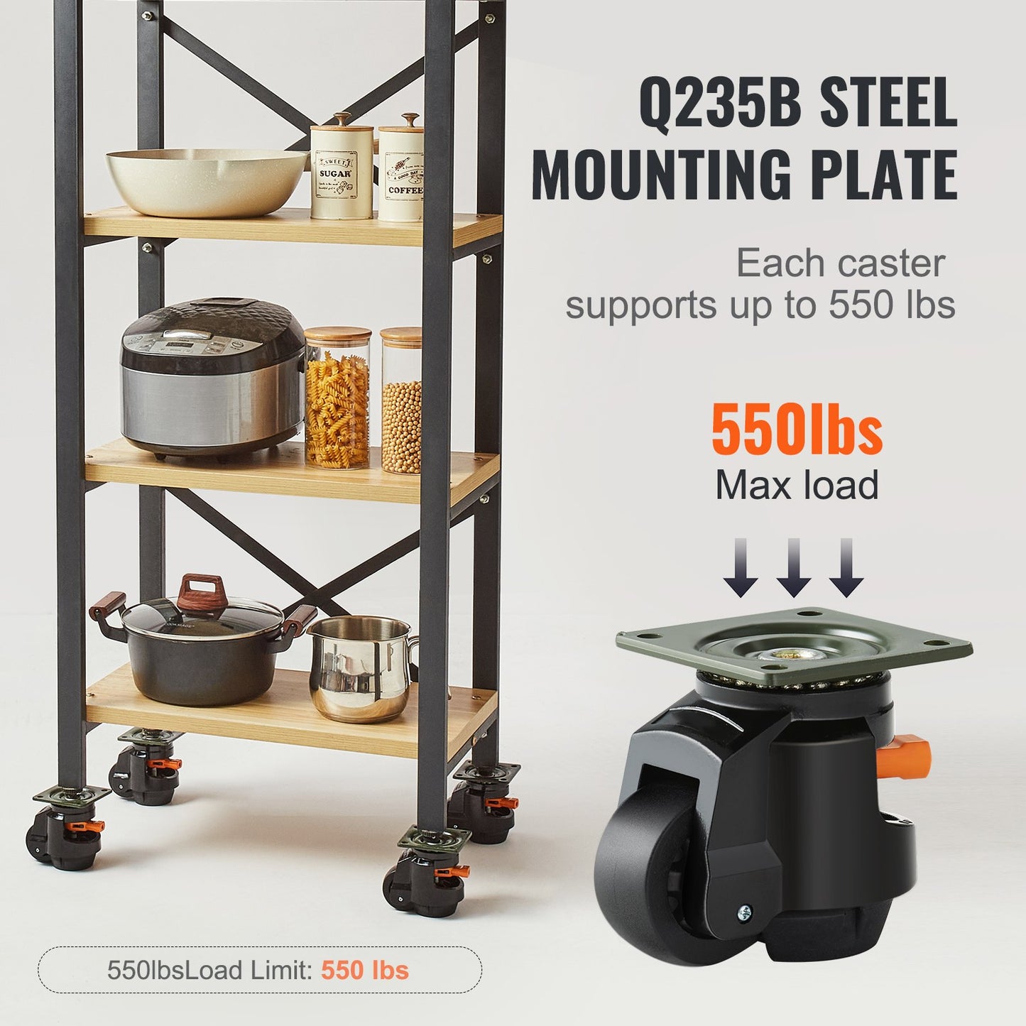 Heavy Duty Adjustable Casters Set of 4 - 360° Swivel, 2200 Lbs Capacity