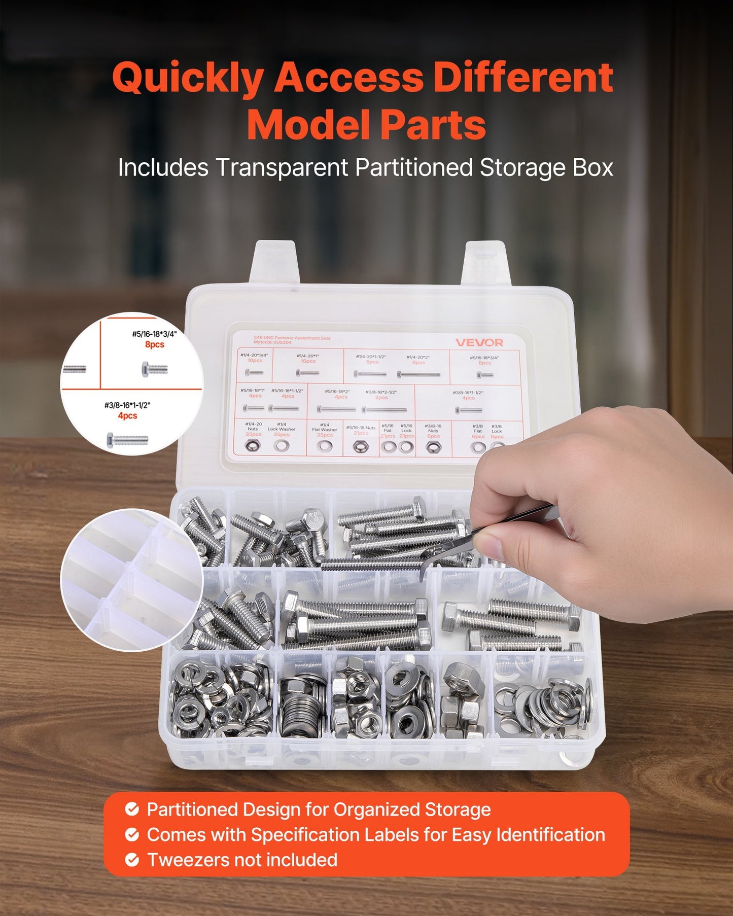 246-Piece Stainless Steel Bolts Nuts Set for Furniture Repairs, Assortment Kit