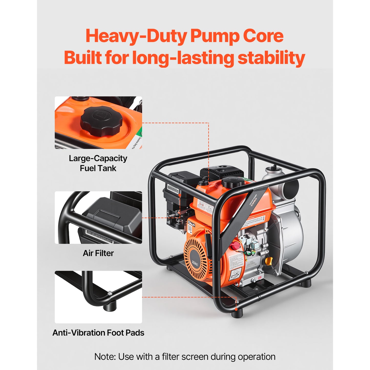Gas Powered Water Pump 3 Inch 264 GPM 7HP Semi Trash Transfer Pump Portable