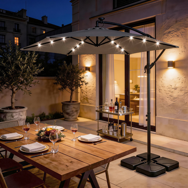10FT Round Hanging Patio Umbrella with LED Lights & Stand - Gray