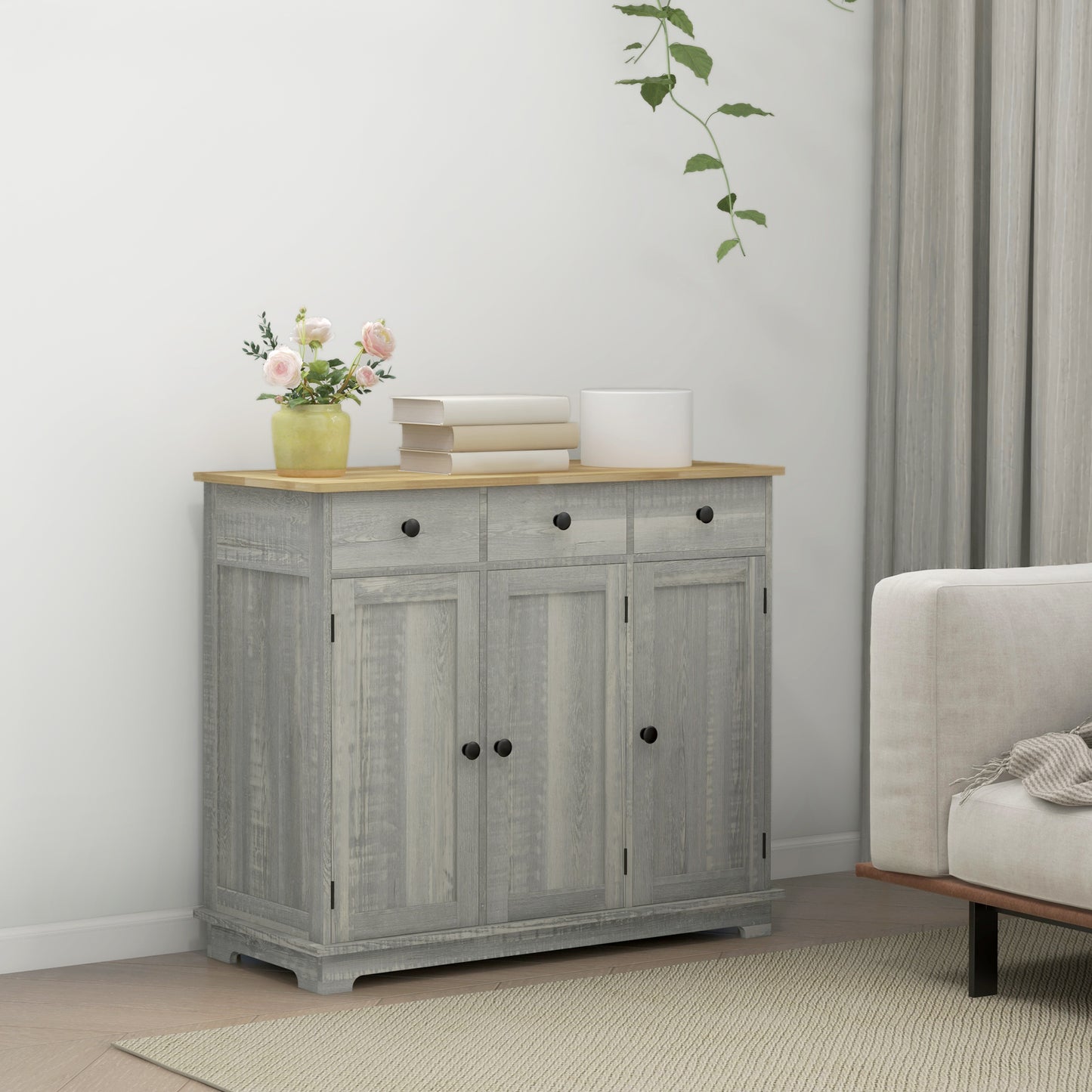 Kitchen Storage Cabinet with Adjustable Shelf & 3 Drawers - Light Gray