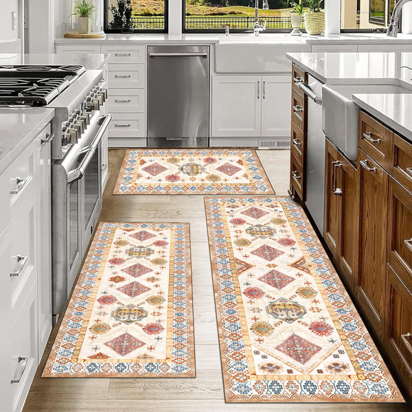 3-Piece Boho Kitchen Rug Set with Non-Slip Runner - Washable